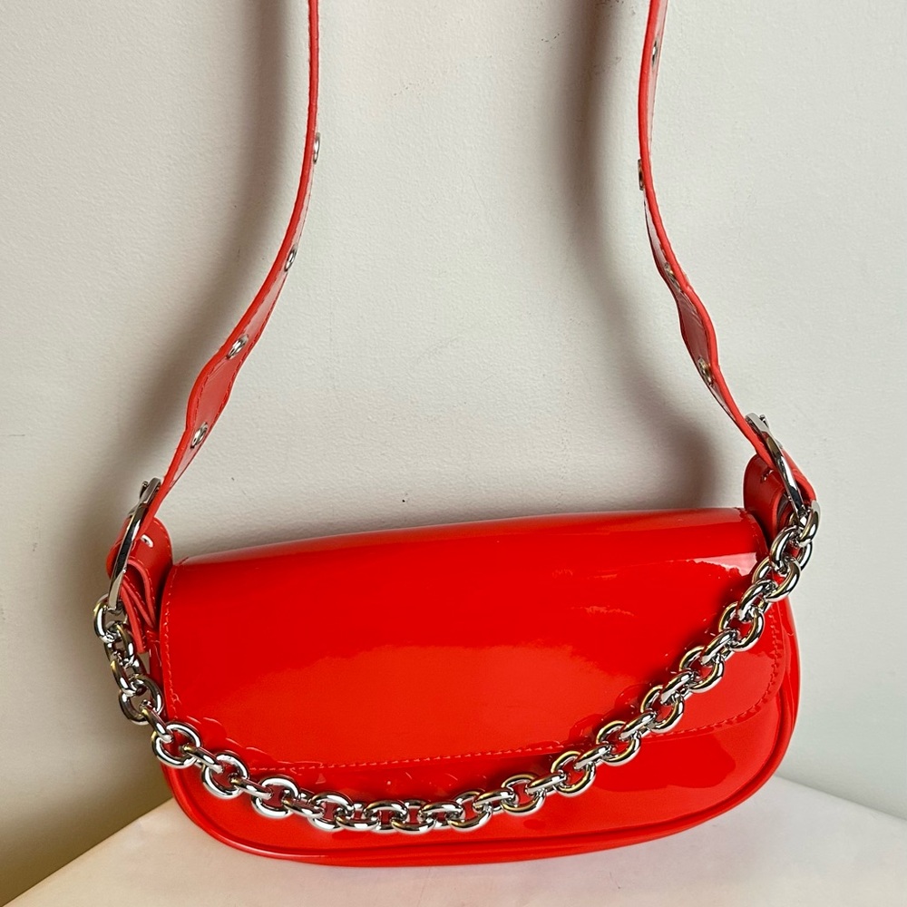Divided Red Shoulder Bag with Chain Detail